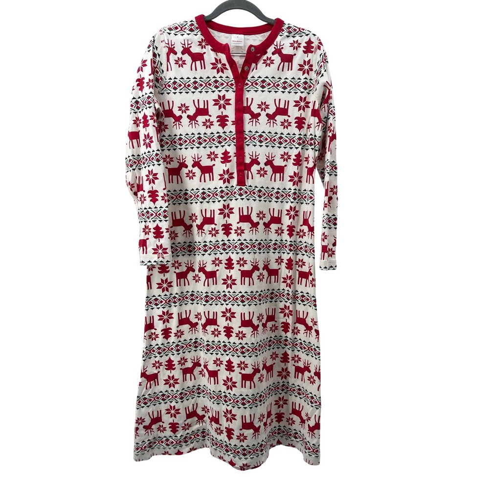 Hanna Andersson Dear Deer Nightgown Womens M Red Fair Isle Organic Cotton